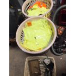 TWO BASKETS OF MENS NEW HIGH-VIZ JACKETS AND POLO SHIRTS ETC