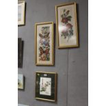 TWO FRAMED AND GLAZED NEEDLEWORKS TOGETHER WITH AN ORIENTAL NEEDLEWORK ON SILK (3)