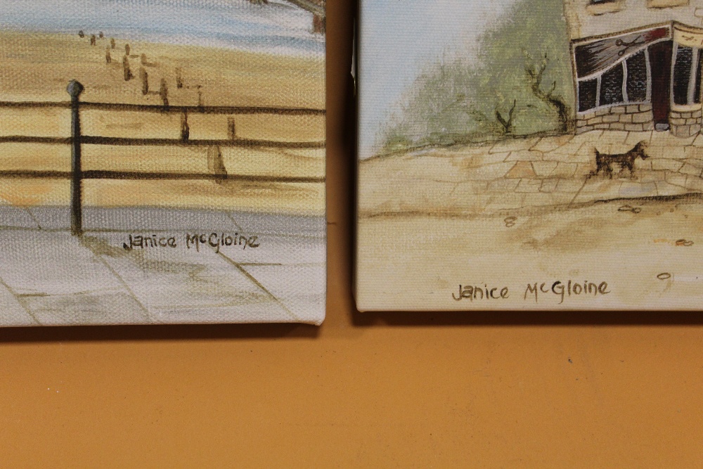 JANICE MCGLOINE - A PAIR OF OIL ON CANVASES DEPICTING AN SURREALIST STREET SCENE AND A PIER - Image 4 of 5