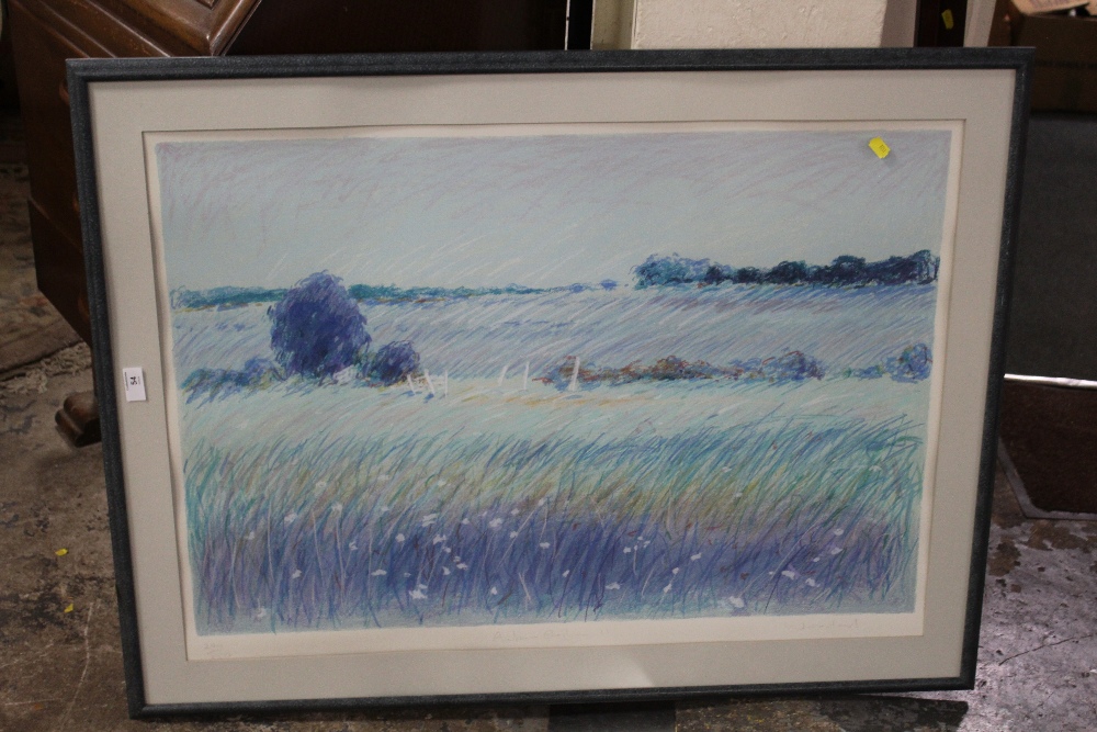 A LARGE FRAMED AND GLAZED SIGNED LIMITED EDITION PRINT SIGNED WOODARD? - AUTUMN P? 244/250 SIZE -