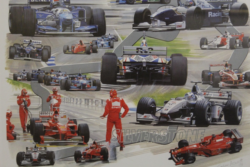 A MODERN F1 INTEREST FRAMED AND GLAZED SILVERSTONE PRINT BY GRAHAM BOSWORTH - OVERALL SIZE 75.5 X - Image 2 of 3