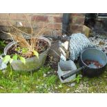 A ROLL OF BARBED WIRE TOGETHER WITH A METAL TUB ETC