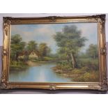 A LARGE OIL ON CANVAS DEPICTING A RURAL SCENE SIGNED WOODWARD LOWER RIGHT