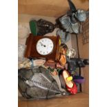 A BOX OF COLLECTABLES TO INC A MANTLE CLOCK, BRONZE STYLE FIGURE OF A MERMAID ETC