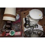 TWO BOXES OF METALWARE CERAMICS AND GLASSWARE TO INCLUDE A ONEIDA TEA SERVICE, WEST GERMAN LAMP, CUT