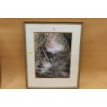 A FRAMED & GLAZED PASTEL OF A WOODEN SCENE INITIALED C R