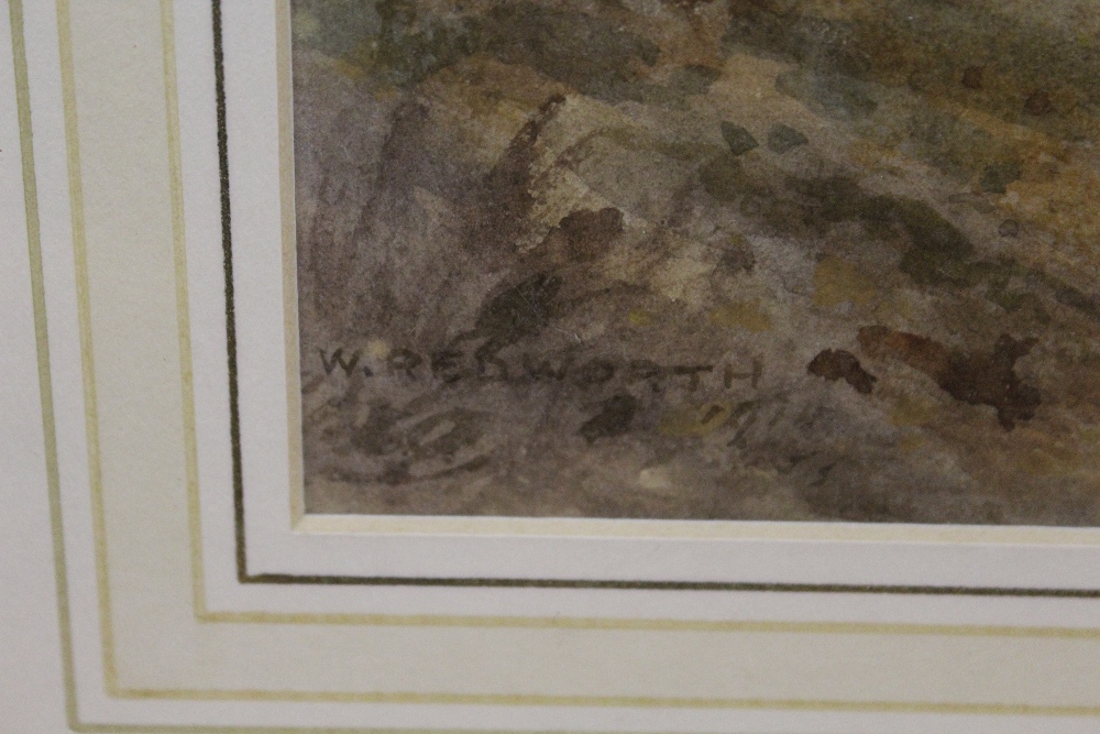 WILLIAM JOSIAH REDWORTH R.A - A FRAMED AND GLAZED WATERCOLOUR OF A SHEPPARD HERDING SHEEP SIGNED - Image 3 of 5
