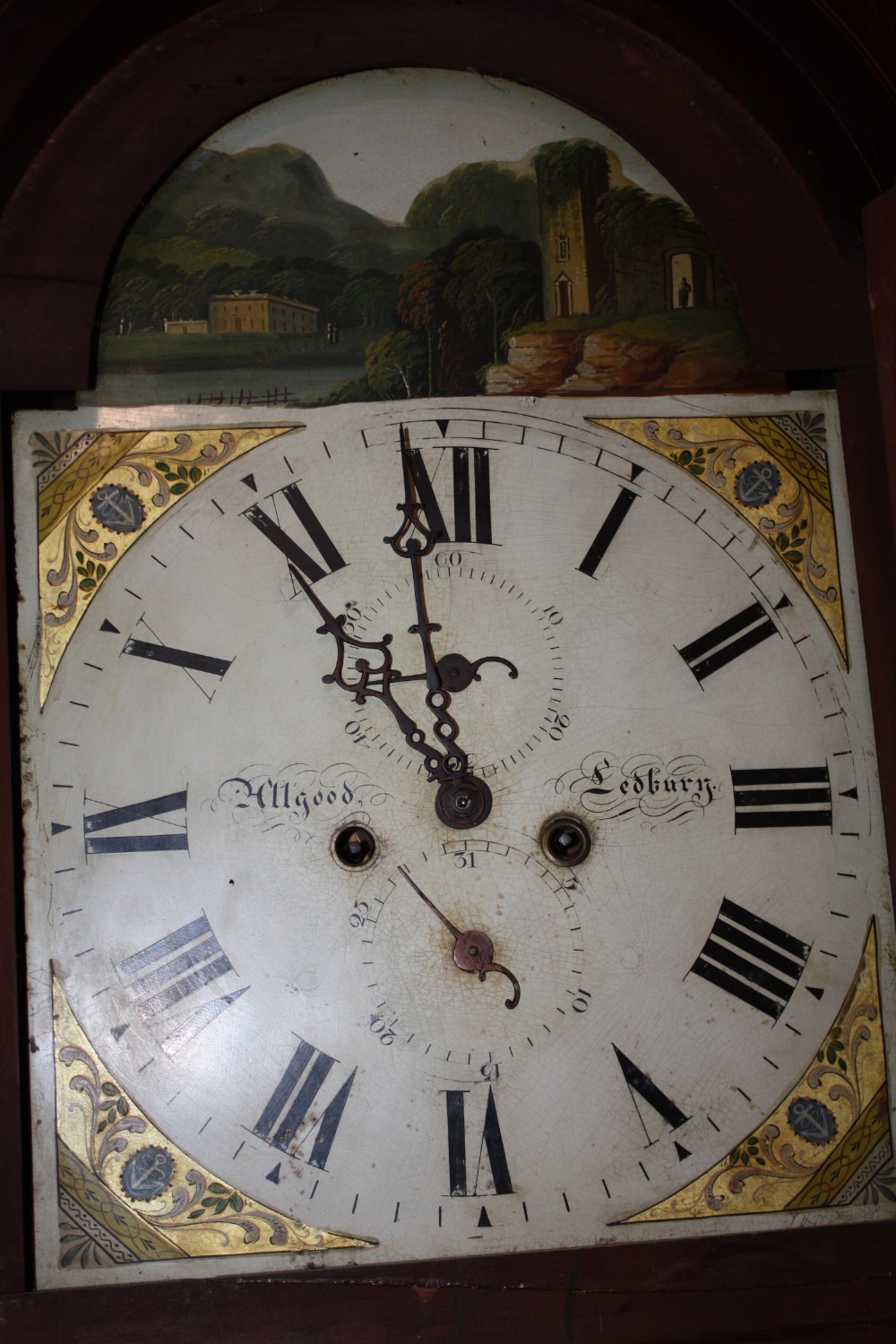 AN ANTIQUE OAK/MAHOGANY LONGCASE CLOCK 'ALLGOOD OF LEDBURY' WITH 8 DAY MOVEMENT H - 227 CM TWIN