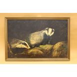 A GILT FRAMED OIL ON BOARD DEPICTING BADGERS SIGNED ROBERTS - OVERALL SIZE 80CM X 53.5CM