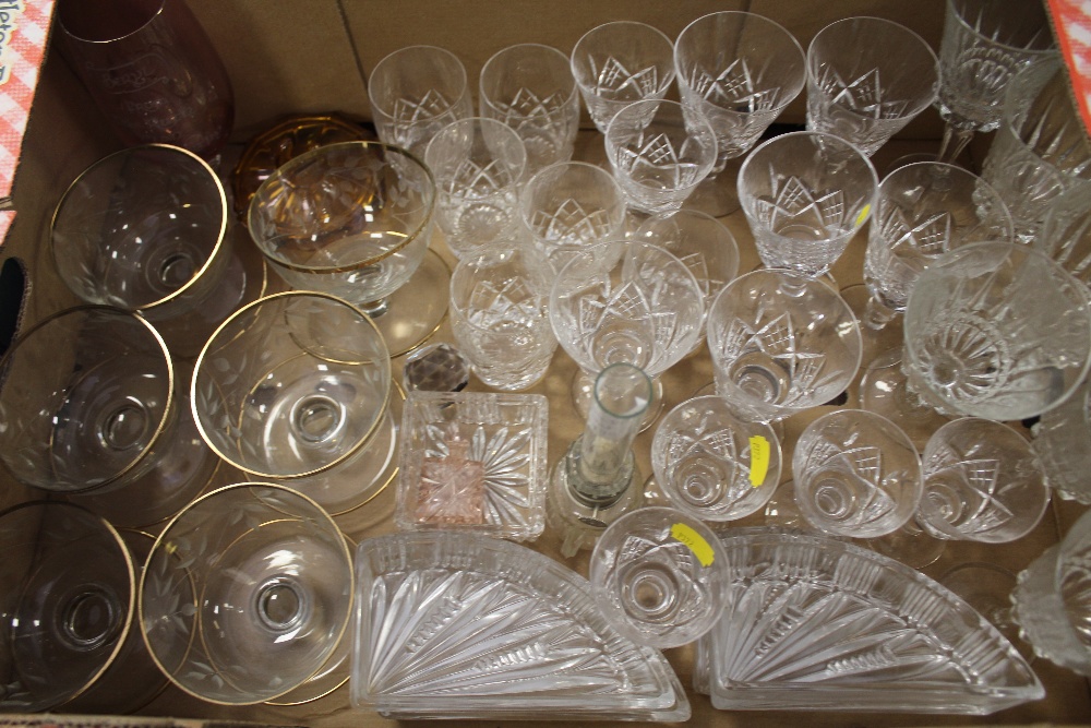 A TRAY OF ASSORTED GLASSWARE TO INC STUART CRYSTAL