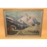 A FRAMED OIL ON CANVAS DEPICTING AN ALPINE LANDSCAPE SCENE - INDISTINCTLY SIGNED LOWER RIGHT