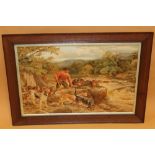 AN OAK FRAMED AND GLAZED VINTAGE PRINT ENTITLED THE OTTER HUNT BY J S NOBLE H-59CM W-84CM