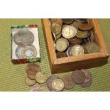 A BOX OF THREE PENCE PIECES ETC TOGETHER WITH A 1921 SILVER DOLLAR, £5 COIN ETC