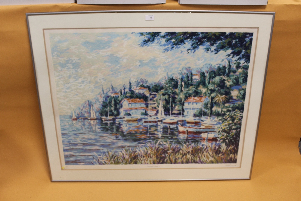 A LARGE FRAMED AND GLAZED SIGNED ARTISTS PROOF PRINT ENTITLED EMERALD COAST I POSSIBLY SIGNED NICK