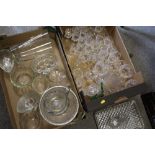 TWO TRAYS OF GLASSWARE TO INC CUT GLASS DRINKING GLASSES ETC
