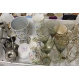 A TRAY OF CERAMICS AND GLASSWARE TO INCLUDE AYNSLEY, DRINKING GLASSES ETC.