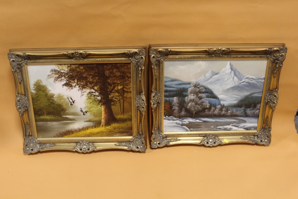 TWO GILT FRAMED OIL ON CANVASES DEPICTING DUCKS IN FLIGHT SIGNED W. LOVELL AND A SNOWY MOUNTAINOUS