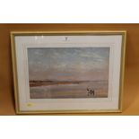 A FRAMED AND GLAZED OIL ESTUARY SCENE WITH BOATS AND FIGURES - SIGNED INDISTINCTLY LOWER LEFT