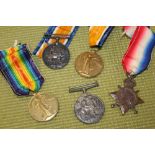A GROUP OF FIVE WW1 MEDALS AWARDED TO 91308 DVR.T.DENT.RA AND 12598 PTE.A.GRIMES.K.S.L.I