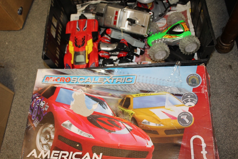 TWO BOXED SCALEXTRIC SETS (CONTENTS NOT CHECKED) TOGETHER WITH A BOX OF REMOTE CONTROL CARS ETC