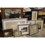 A QUANTITY OF ASSORTED PICTURES AND PRINTS TO INCLUDE MAPS, MIRRORS ETC
