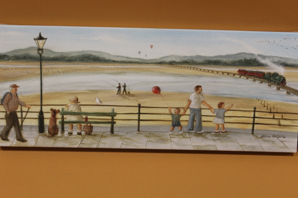 JANICE MCGLOINE - A PAIR OF OIL ON CANVASES DEPICTING AN SURREALIST STREET SCENE AND A PIER - Image 3 of 5