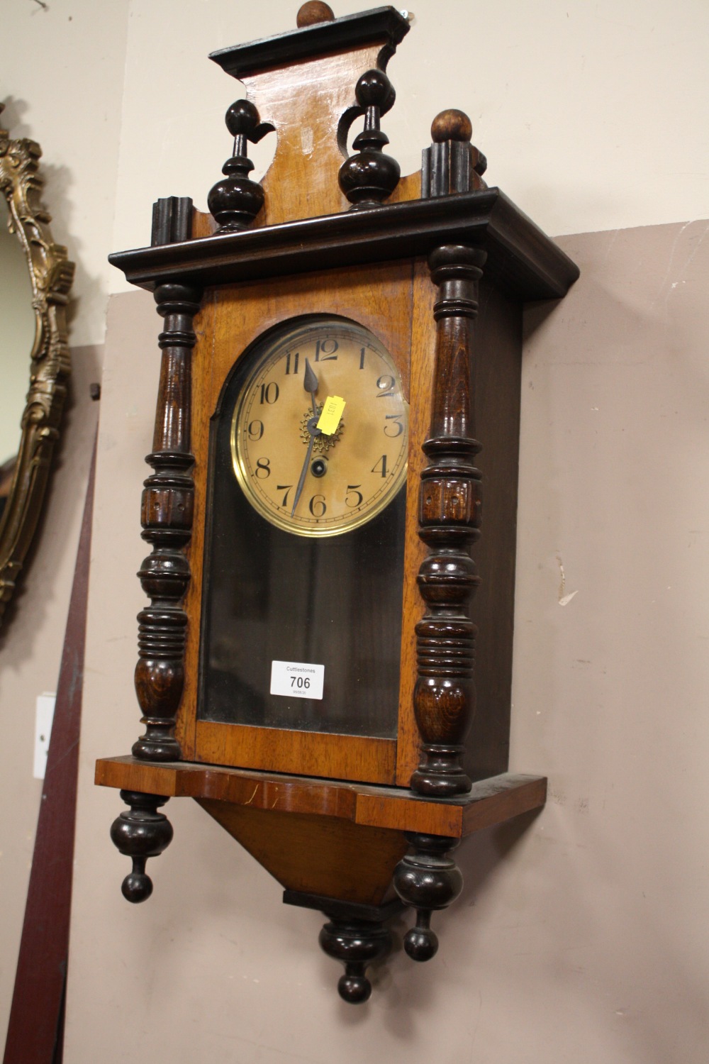 A SMALL ANTIQUE VIENNA TYPE WALLCLOCK H -64 CM