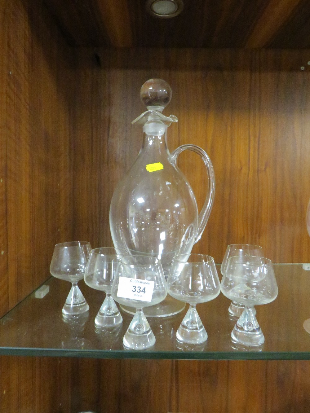 SCHOTT ZSYIESEL GERMAN DECANTER & TWO GLASSES TOGETHER WITH A VICTORIAN GLASS DECANTER & SIX