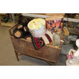 A VINTAGE WICKER POT CONTAINING ASSORTED SOFT TOYS ETC