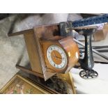 A VINTAGE SEWING MACHINE, SEWING BOX, MANTLE CLOCK ETC