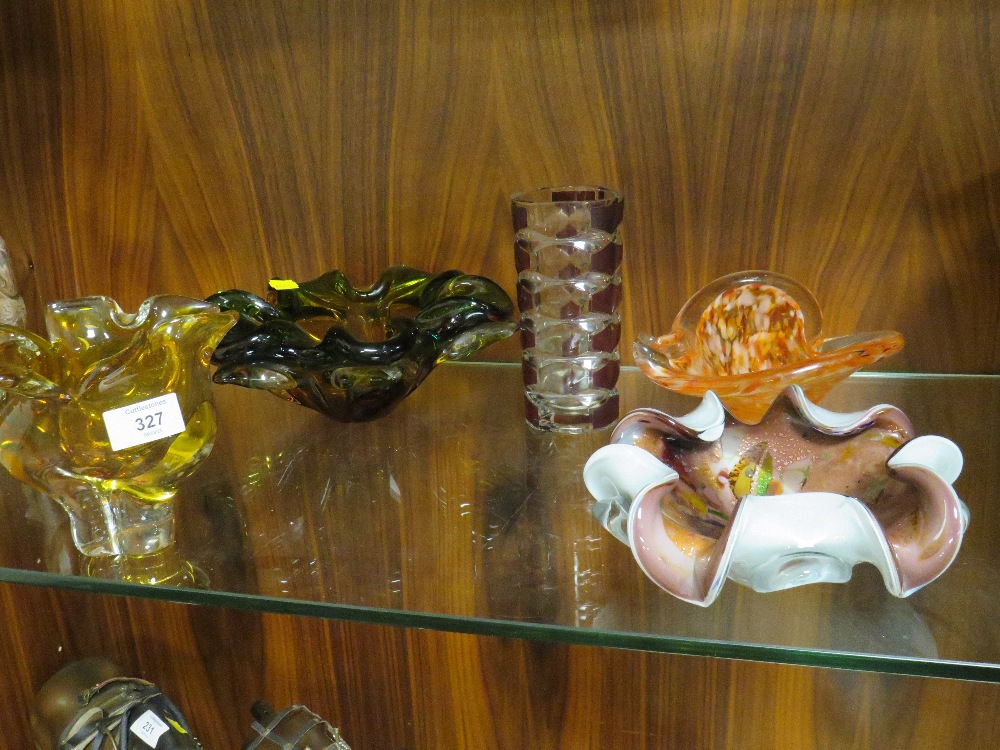 A COLLECTION OF STUDIO GLASS BOWLS AND VASES ETC. (5)