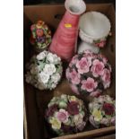 TWO TRAYS OF CERAMIC FLORAL CENTREPIECES, TOGETHER WITH A TRAY OF CERAMIC FIGURES ETC. (3)