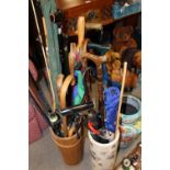 THREE STICK STANDS & CONTENTS TO INC WALKING STICKS & FISHING RODS TOGETHER WITH A SMALL TRAY OF