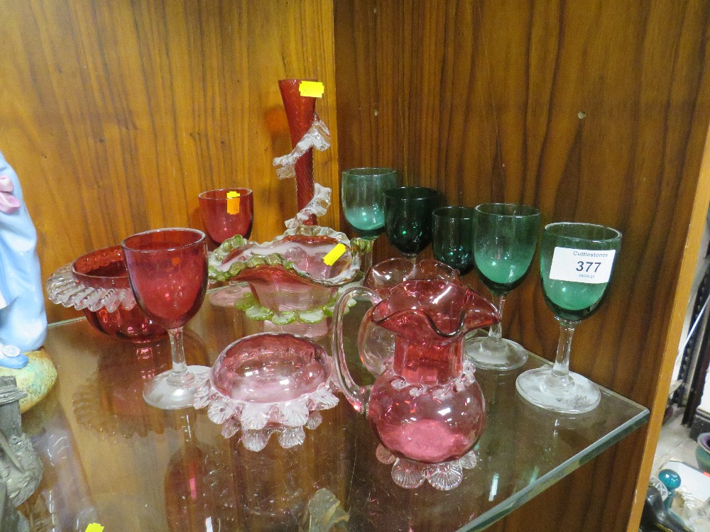 A COLLECTION OF VINTAGE CRANBERRY AND GREEN GLASSWARE ETC