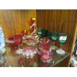 A COLLECTION OF VINTAGE CRANBERRY AND GREEN GLASSWARE ETC