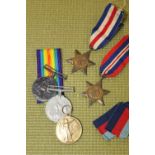 TWO WW1 MEDALS AWARDED TO 34402 PTE.W.MEWIS.THE QUEENS R. TOGETHER WITH THREE OTHERS