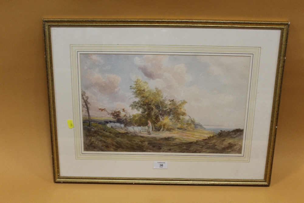 WILLIAM JOSIAH REDWORTH R.A - A FRAMED AND GLAZED WATERCOLOUR OF A SHEPPARD HERDING SHEEP SIGNED