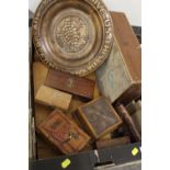 A TRAY OF ASSORTED TREEN TO INCLUDE CARVED LIDDED BOXES ETC.