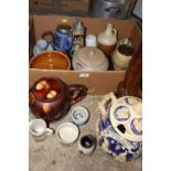 A TRAY OF VINTAGE STONEWARE ETC. TO INCLUDE A RUMTOPF TWIN HANDLED LIDDED JAR ETC.