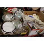 A TRAY OF CERAMICS TOGETHER WITH A TRAY OF GLASSWARE AND A FISHING ROD