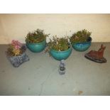 FOUR GARDEN PLANTERS AND TWO CONCRETE GARDEN STATUES