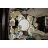 TWO TRAYS OF CERAMICS AND SUNDRIES TO INCLUDE A CROWN DERBY PLATE, PUB JUGS, A VEIL, A DOLL ETC. (