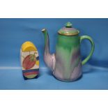 A WEDGWOOD '"CLARICE CLIFF COLLECTION'" SUGAR CASTOR TOGETHER WITH A SHELLEY TEAPOT (2)