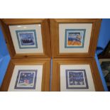 FOUR FRAMED AND GLAZED PRINTS SIGNED LOWER RIGHT INDISTINCT