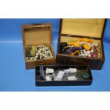 A QUANTITY OF OLD BOXES, COSTUME JEWELLERY, COINS ETC.