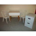 FOUR ITEMS TO INCLUDE A DROP LEAF TABLE, TWO CHAIRS AND A TWO DRAWER FILING CABINET (4)