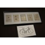 A FRAMED AND GLAZED REPRODUCTION PICTURE OF DRAWINGS OF WING MECHANISMS TOGETHER WITH A PRINT OF A