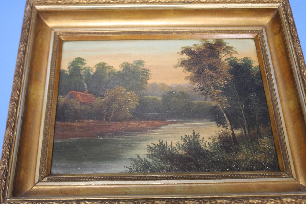 TWO FRAMED OIL PAINTINGS ON BOARD OF RIVER SCENES SIGNATURES INDISTINCT - Image 4 of 5