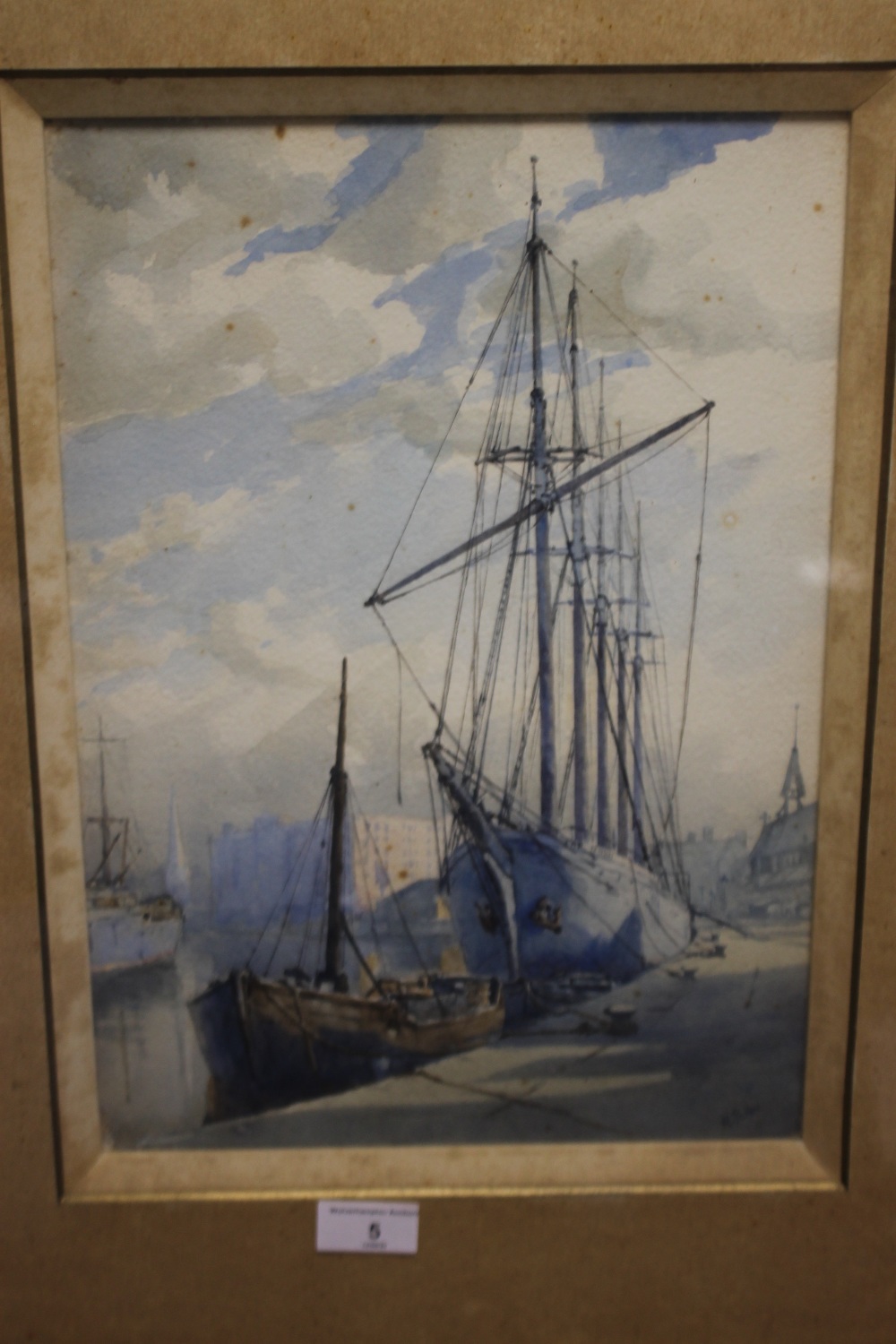 M. PARKER - WATERCOLOUR OF A HARBOUR, WITH SAILING SHIP (SHIP NAMED SAR NORD), SIGNED LOWER RIGHT, - Image 2 of 3