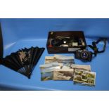 A NIKON CAMERA, WILD TUP 256575 (MICROSCOPE ATTACHMENT) AND A QUANTITY OF BADGES ETC.